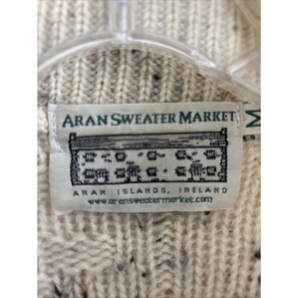 Aran Sweater Market Mens Medium Quarter Zip Mock Cream 100% Wool Cable Knit - Picture 2 of 8